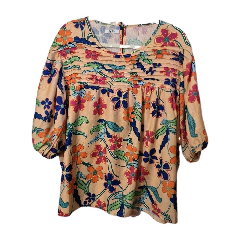 SageVell Floral Print Puff Sleeve Top Pleated Boho Peasant Blouse Size 2XL